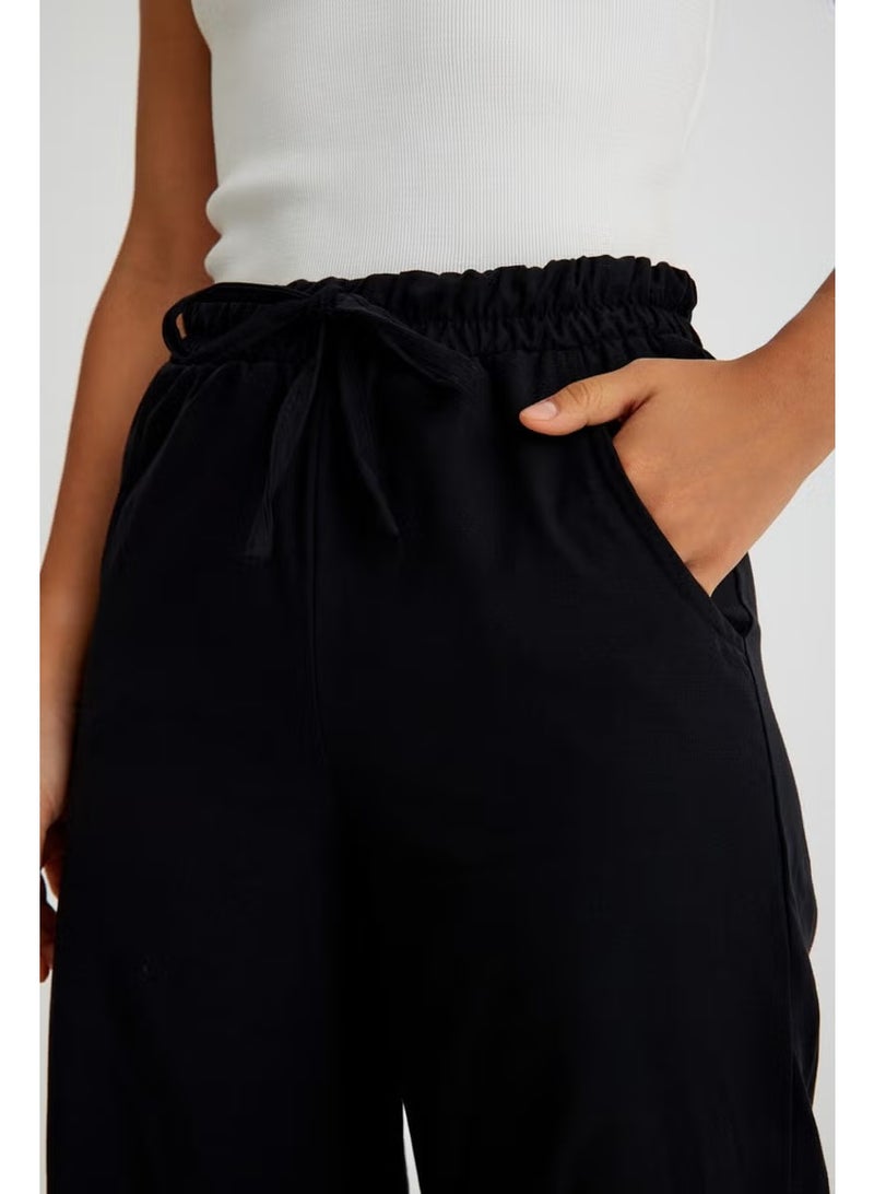 Barbora Linen Casual Trousers with Elastic Waistband and Lace-Up LN12BLACK2 - Image 5